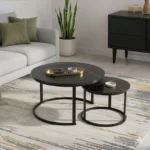 Τραπέζια σαλονιού Solme I 2τεμ σε μαύρο μαρμάρου απόχρωση με μαύρα μεταλλικά πόδια