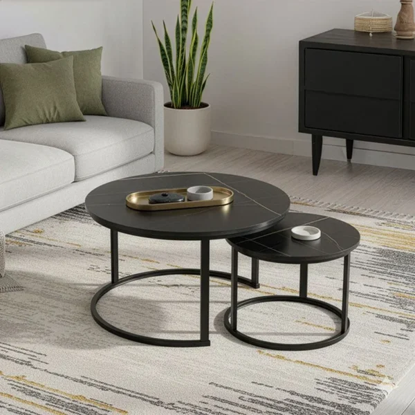 Τραπέζια σαλονιού Solme I 2τεμ σε μαύρο μαρμάρου απόχρωση με μαύρα μεταλλικά πόδια