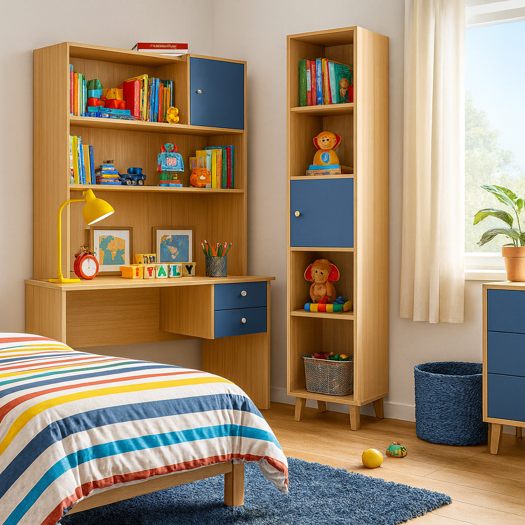 3 grafeio vivliothiki Ξύλινη Βιβλιοθήκη Sailor Μονή με Μπλε Πορτάκι - Image 1