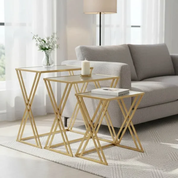 Τραπέζια σαλονιού σετ 3τεμ Pitche χρυσό μέταλλο-γυαλί