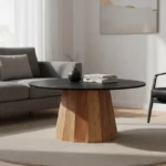 Τραπέζι σαλονιού Ezerdian μασίφ ξύλο ακακίας σε φυσική απόχρωση με επιφάνεια μαύρου μαρμάρου