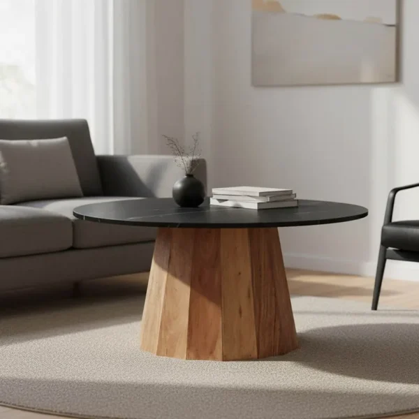 Τραπέζι σαλονιού Ezerdian μασίφ ξύλο ακακίας σε φυσική απόχρωση με επιφάνεια μαύρου μαρμάρου