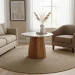 Τραπέζι Ezerdian μασίφ ξύλο ακακίας σε φυσική απόχρωση με επιφάνεια μαρμάρου Φ120x76εκ - Image 2