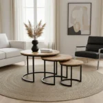 Τραπέζι σαλονιού Frina σετ 3τεμ μασίφ mango ξύλο σε φυσική απόχρωση με πόδι μαύρο μέταλλο