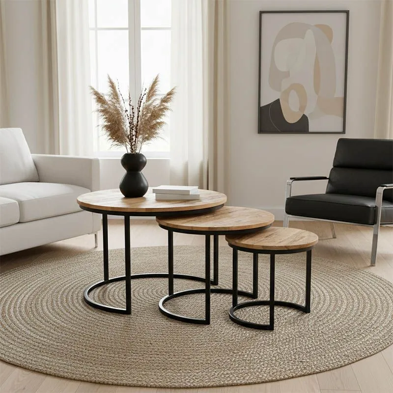 379-000016 Τραπέζι σαλονιού Frina σετ 3τεμ μασίφ mango ξύλο σε φυσική απόχρωση με πόδι μαύρο μέταλλο - Image 1