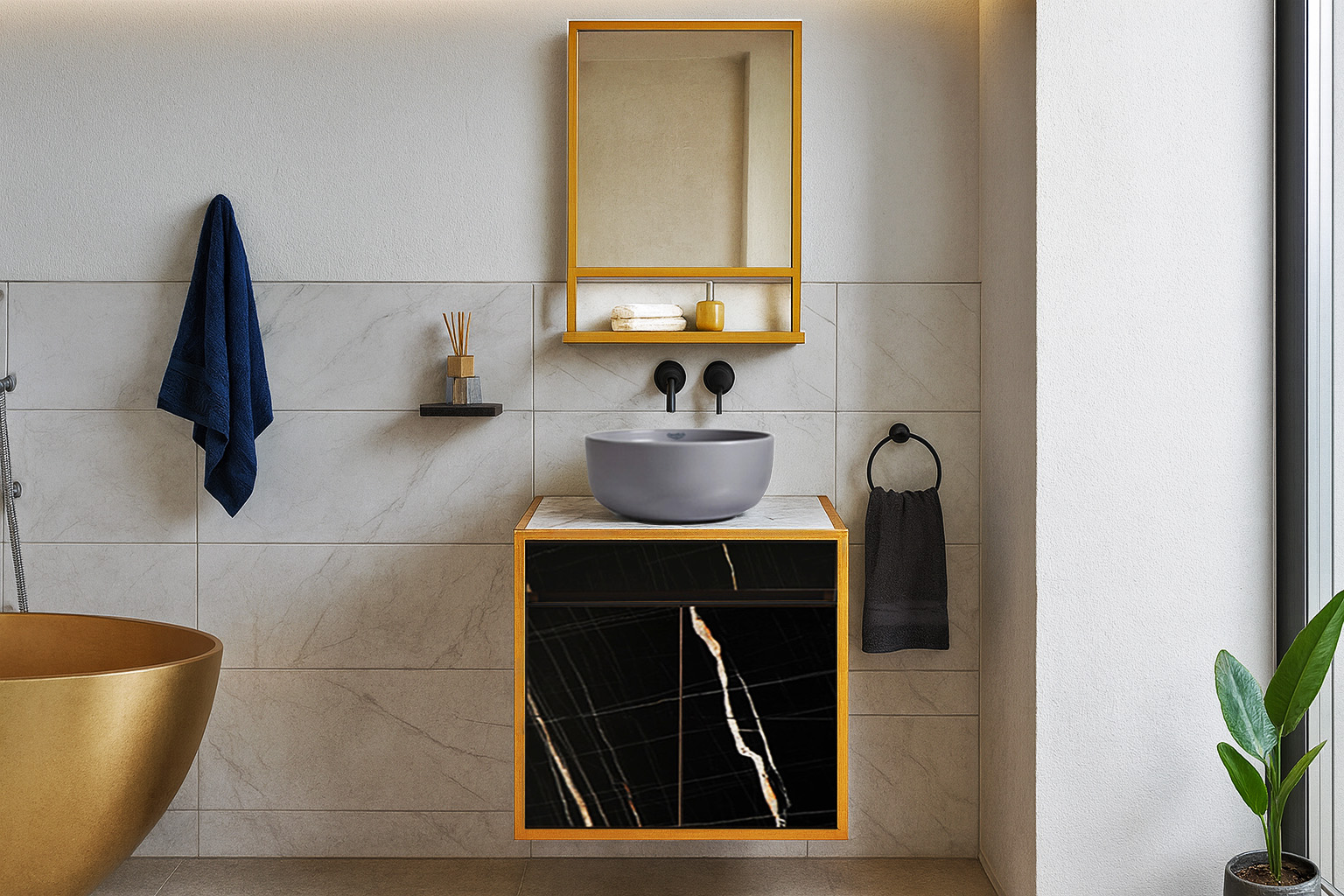 60 ntoulapi 7767 ΕΠΙΠΛΟ ΜΠΑΝΙΟΥ 7767 GOLD RIGHELLO 60 cm ΣΕ ΑΠΟΧΡΩΣΗ ΜΑΥΡΟΥ ΜΑΡΜΑΡΟΥ - Image 1