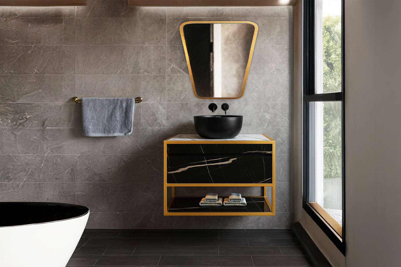 80 Rafi 7767 Gold 5145 Glossy BCKRND ΕΠΙΠΛΟ ΜΠΑΝΙΟΥ 7767 GOLD CARTESIO 70 cm ΣΕ ΑΠΟΧΡΩΣΗ ΜΑΥΡΟΥ ΜΑΡΜΑΡΟΥ - Image 1