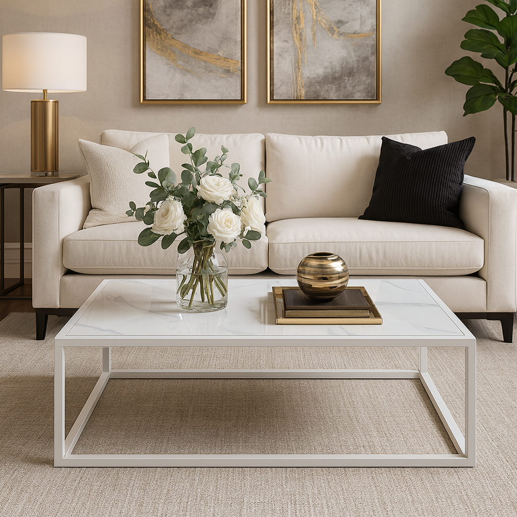 AllWhite Marble DECOR ΤΡΑΠΕΖΙ ΣΑΛΟΝΙΟΥ MARBELLA ΜΕ ΕΠΙΦΑΝΕΙΑ ΑΠΟ ΠΛΑΚΑΚΙ ΣΕ ΟΨΗ ΜΑΥΡΟΥ ΜΑΡΜΑΡΟΥ ΜΕ ΛΕΥΚΗ ΜΕΤΑΛΛΙΚΗ ΒΑΣΗ - Image 1