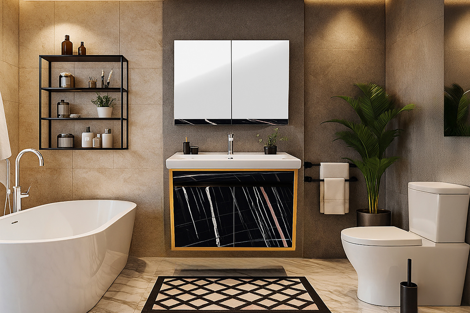 Bath1 with mirror 7767 gold ΕΠΙΠΛΟ ΜΠΑΝΙΟΥ 7767 GOLD-SENSA 80 cm ΜΕ ΟΨΗ ΜΑΥΡΟΥ ΜΑΡΜΑΡΟΥ - Image 1