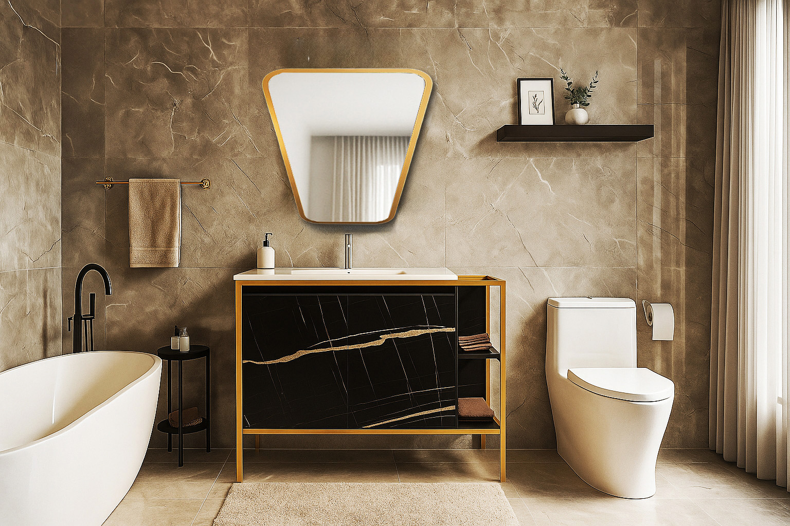 Bath2 7767 ΕΠΙΠΛΟ ΜΠΑΝΙΟΥ 7767 GOLD-RETRO 100 cm ΜΕ ΡΑΦΙΑ ΣΕ ΟΨΗ ΜΑΥΡΟ ΜΑΡΜΑΡΟ - Image 1