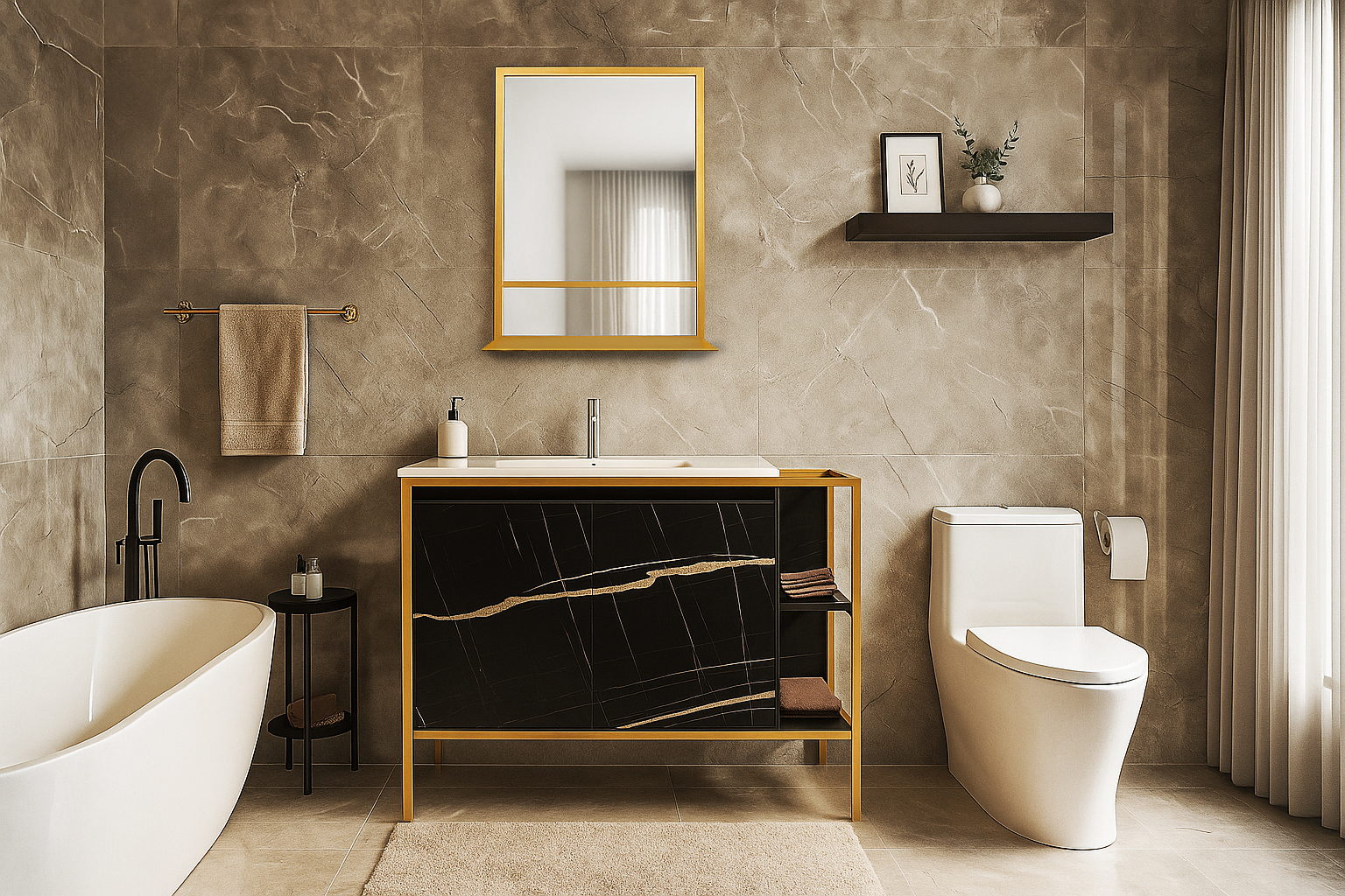 Bath2 7767 ΕΠΙΠΛΟ ΜΠΑΝΙΟΥ 7767 GOLD-RETRO 80 cm ΜΕ ΡΑΦΙΑ ΣΕ ΟΨΗ ΜΑΥΡΟ ΜΑΡΜΑΡΟ - Image 1