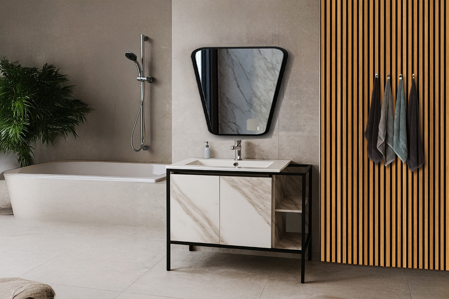 Bath2 Progetto 2 ΕΠΙΠΛΟ ΜΠΑΝΙΟΥ RETRO-PROGETTO 100 cm ΜΕ ΡΑΦΙΑ ΣΕ ΟΨΗ ΛΕΥΚΟ ΜΑΡΜΑΡΟ ΜΕ ΜΠΕΖ ΝΕΡΑ - Image 1