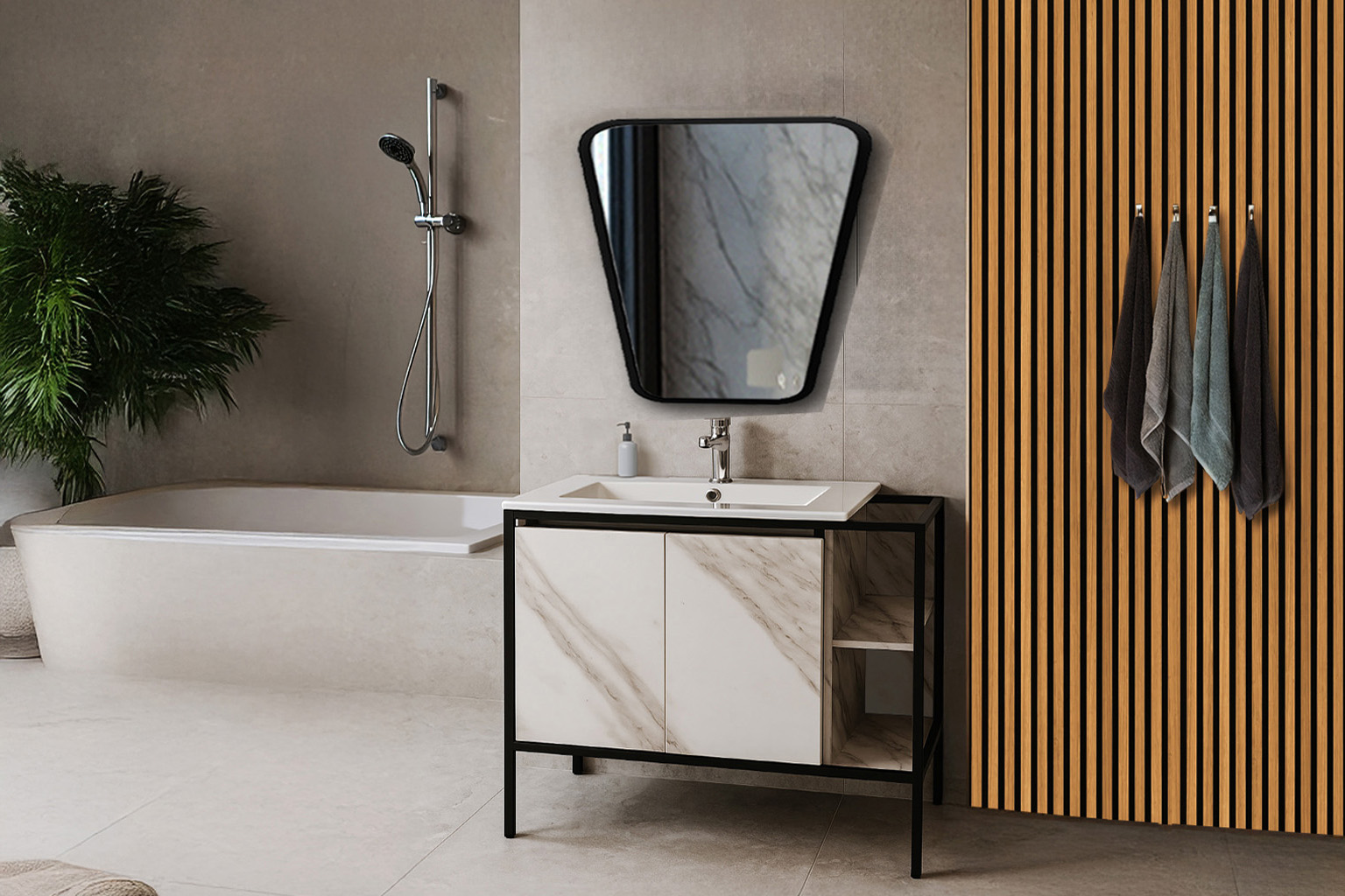 Bath2 Progetto 3 ΕΠΙΠΛΟ ΜΠΑΝΙΟΥ RETRO-PROGETTO 90 cm ΜΕ ΡΑΦΙΑ ΣΕ ΟΨΗ ΛΕΥΚΟ ΜΑΡΜΑΡΟ ΜΕ ΜΠΕΖ ΝΕΡΑ - Image 1