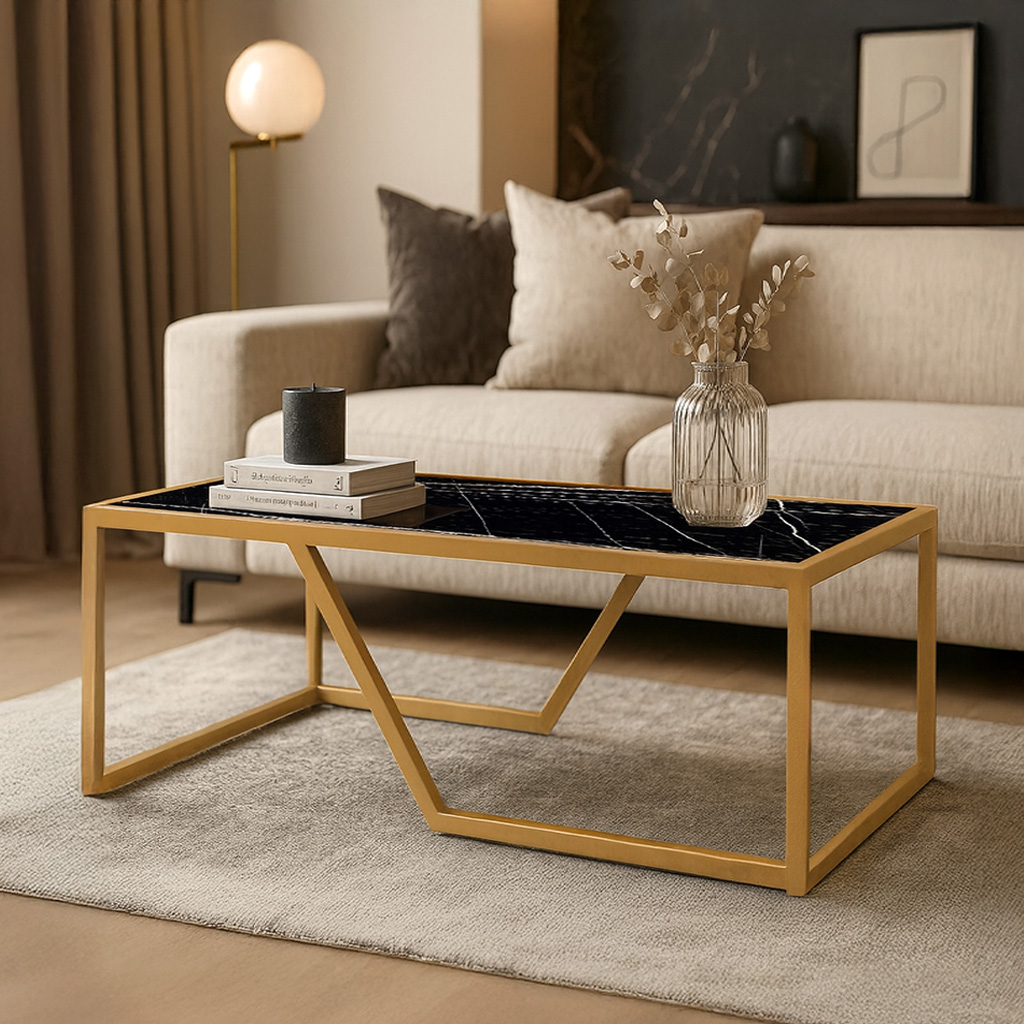 Multi 7767 ΤΡΑΠΕΖΙ ΣΑΛΟΝΙΟΥ MULTI ΜΕ ΕΠΙΦΑΝΕΙΑ ΑΠΟ ΜΕΛΑΜΙΝΗ ΣΕ ΜΑΥΡΟ ΜΑΡΜΑΡΟ ΧΡΩΜΑ ΚΑΙ ΧΡΥΣΟ ΜΕΤΑΛΛΙΚΟ ΣΚΕΛΕΤΟ - Image 1