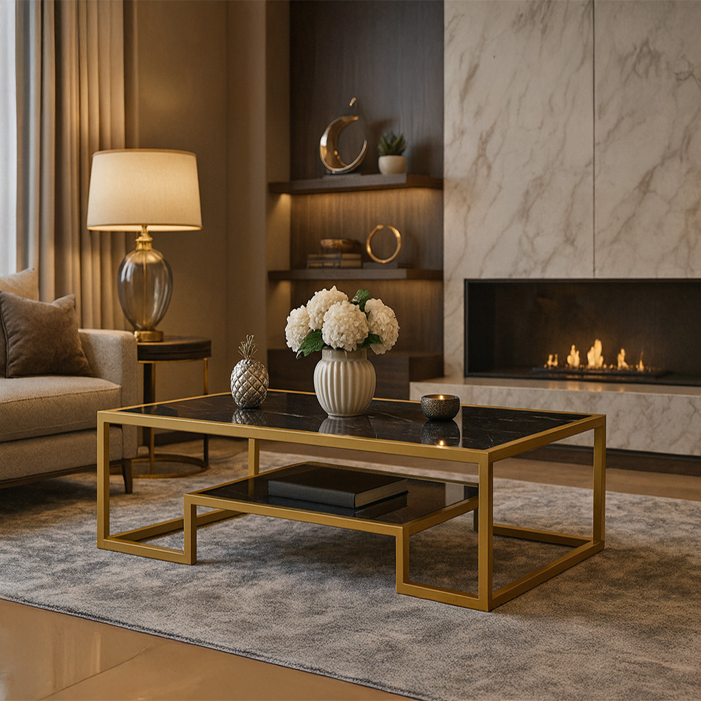 ROMEO Gold Marble Rack DECOR ΤΡΑΠΕΖΙ ΣΑΛΟΝΙΟΥ ROMEO ΜΕ ΕΠΙΦΑΝΕΙΑ ΑΠΟ ΠΛΑΚΑΚΙ ΣΕ ΟΨΗ ΜΑΥΡΟΥ ΜΑΡΜΑΡΟΥ - Image 1