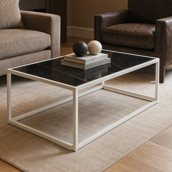 ΤΡΑΠΕΖΙ ΣΑΛΟΝΙΟΥ MARBELLA ΜΕ ΕΠΙΦΑΝΕΙΑ ΑΠΟ ΠΛΑΚΑΚΙ ΣΕ ΟΨΗ ΜΑΥΡΟΥ ΜΑΡΜΑΡΟΥ ΜΕ ΛΕΥΚΗ ΜΕΤΑΛΛΙΚΗ ΒΑΣΗ