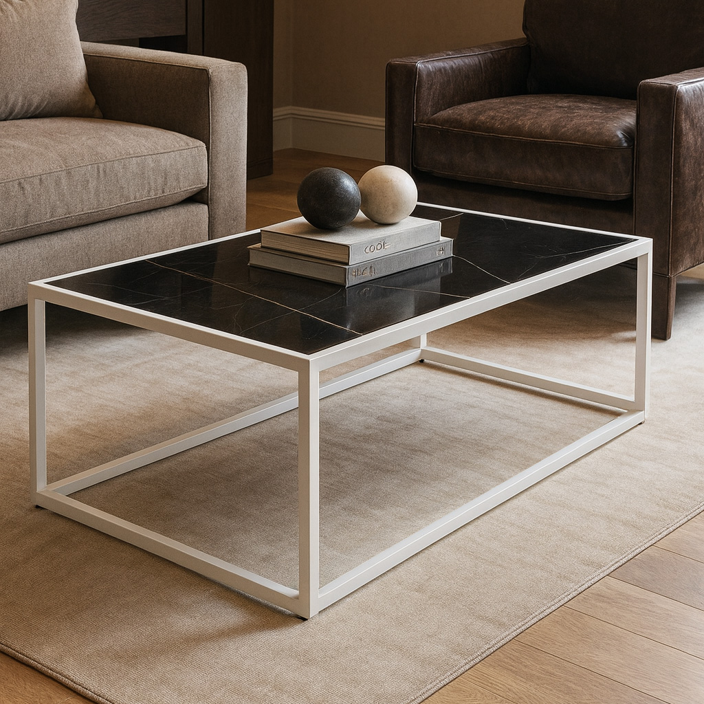 White Black Marble DECOR ΤΡΑΠΕΖΙ ΣΑΛΟΝΙΟΥ MARBELLA ΜΕ ΕΠΙΦΑΝΕΙΑ ΑΠΟ ΠΛΑΚΑΚΙ ΣΕ ΟΨΗ ΜΑΥΡΟΥ ΜΑΡΜΑΡΟΥ ΜΕ ΛΕΥΚΗ ΜΕΤΑΛΛΙΚΗ ΒΑΣΗ - Image 1