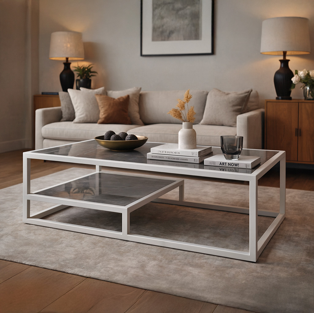 White Gray Rack DECOR ΤΡΑΠΕΖΙ ΣΑΛΟΝΙΟΥ HIDDY ΜΕ ΕΠΙΦΑΝΕΙΑ ΑΠΟ ΠΛΑΚΑΚΙ ΣΕ ΟΨΗ ΓΚΡΙ ΜΑΡΜΑΡΟΥ ΜΕ ΛΕΥΚΗ ΜΕΤΑΛΛΙΚΗ ΒΑΣΗ - Image 1