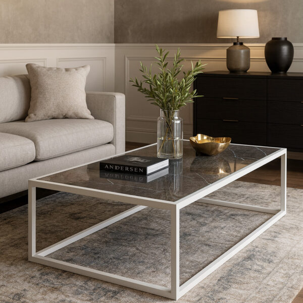 ΤΡΑΠΕΖΙ ΣΑΛΟΝΙΟΥ MARBELLA ΜΕ ΕΠΙΦΑΝΕΙΑ ΑΠΟ ΠΛΑΚΑΚΙ ΣΕ ΟΨΗ ΓΚΡΙ ΜΑΡΜΑΡΟΥ ΜΕ ΛΕΥΚΗ ΜΕΤΑΛΛΙΚΗ ΒΑΣΗ