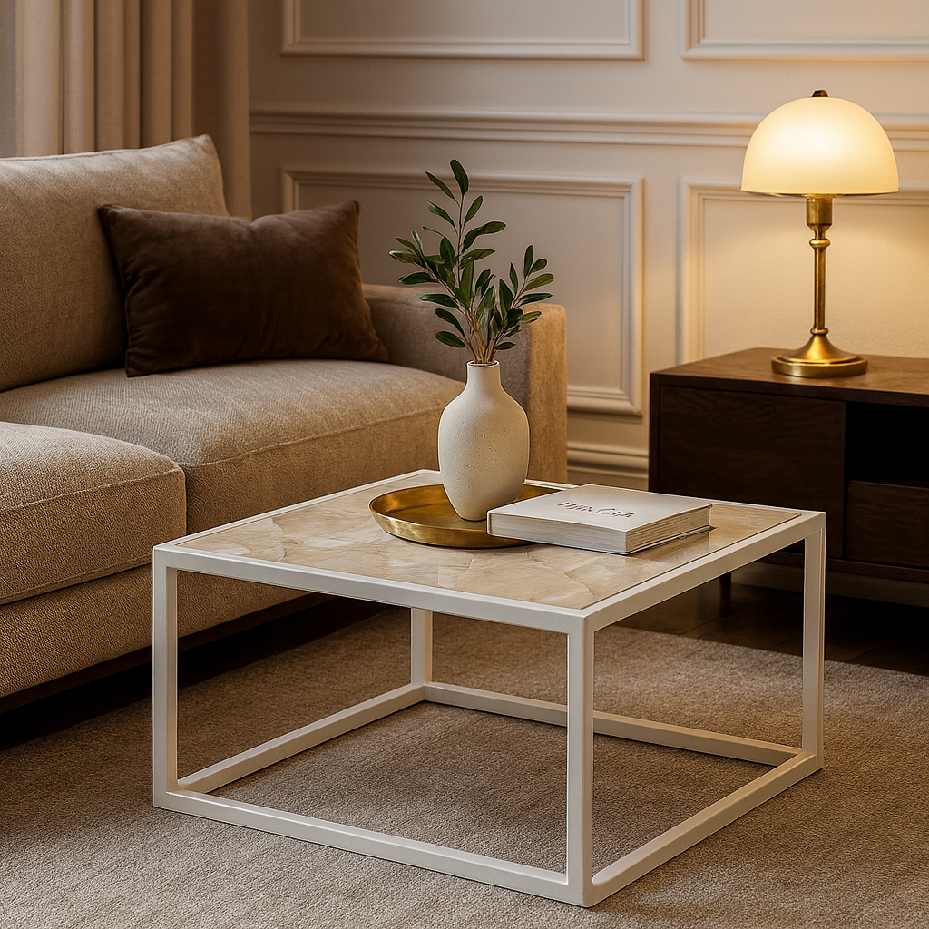 White Mpez DECOR ΤΡΑΠΕΖΙ ΣΑΛΟΝΙΟΥ SIMPLY ΜΕ ΕΠΙΦΑΝΕΙΑ ΑΠΟ ΠΛΑΚΑΚΙ ΣΕ ΟΨΗ ΛΕΥΚΟΥ ΜΑΡΜΑΡΟΥ ΜΕ ΜΠΕΖ-ΚΑΦΕ ΝΕΡΑ - Image 1