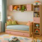 Ξύλινη Μονή Βιβλιοθήκη Blossom με Ροζ Πορτάκι και Ανοικτά Ράφια