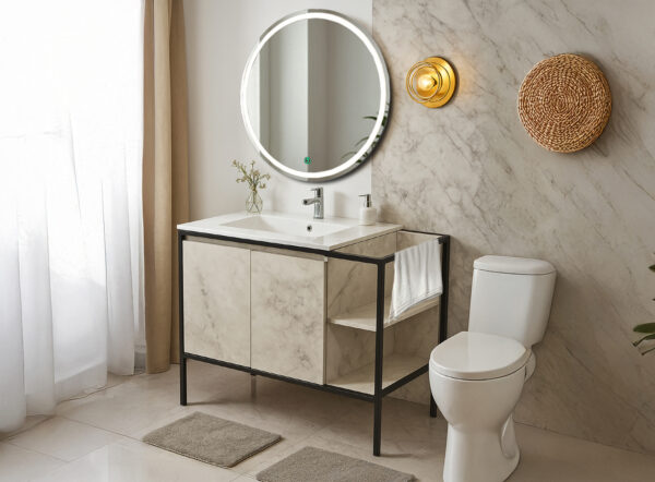 ΕΠΙΠΛΟ ΜΠΑΝΙΟΥ 7775-RETRO 90 cm ΜΕ ΡΑΦΙΑ ΣΕ ΟΨΗ ΛΕΥΚΟ ΜΑΡΜΑΡΟ ΜΕ ΓΚΡΙ ΝΕΡΑ