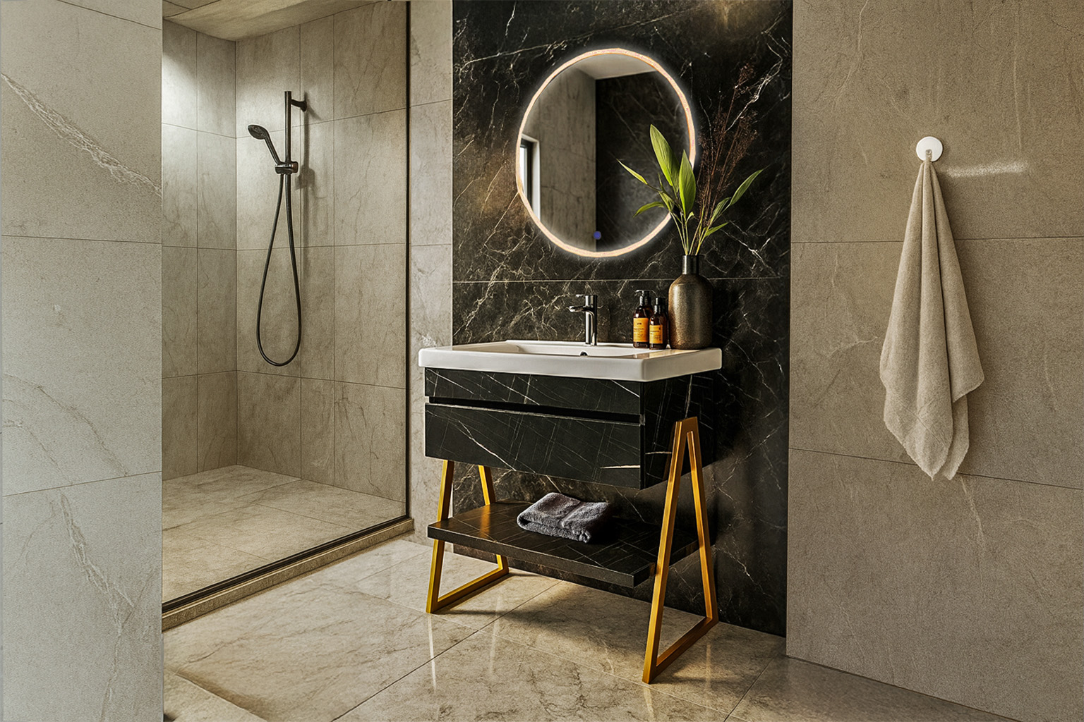 7767 Gold Neo12 80cm ΕΠΙΠΛΟ ΜΠΑΝΙΟΥ 7767 GOLD-OLTRE 80 cm ΣΕ ΟΨΗ ΜΑΥΡΟΥ ΜΑΡΜΑΡΟΥ ΜΕ ΡΑΦΙ - Image 1